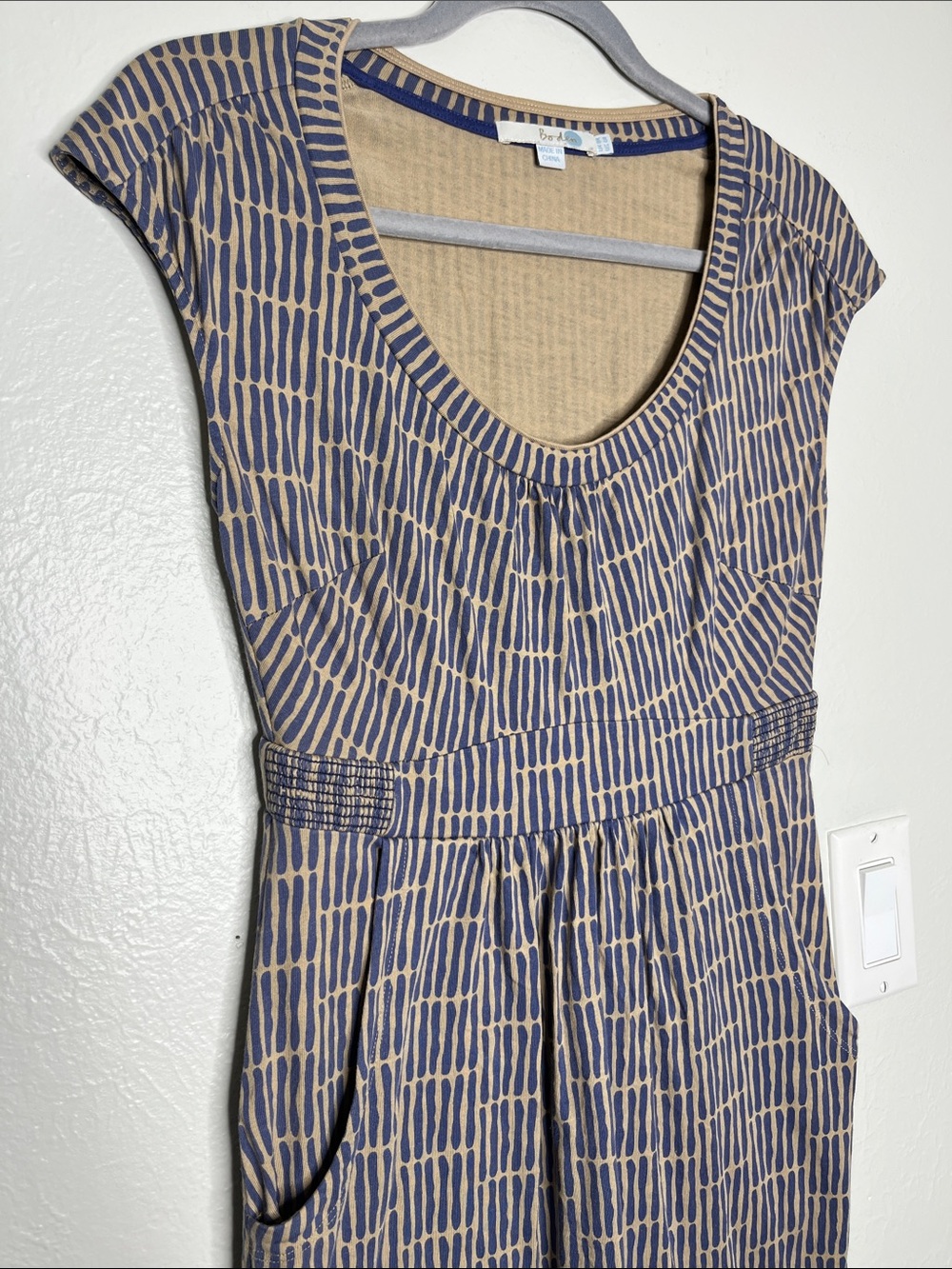 Boden Margot Midi Dress Tan/Blue Printed Jersey - Size 4 Preppy Office Summer